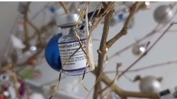 Árvore de natal com frascos de vacina é montada na UBS Cancelli