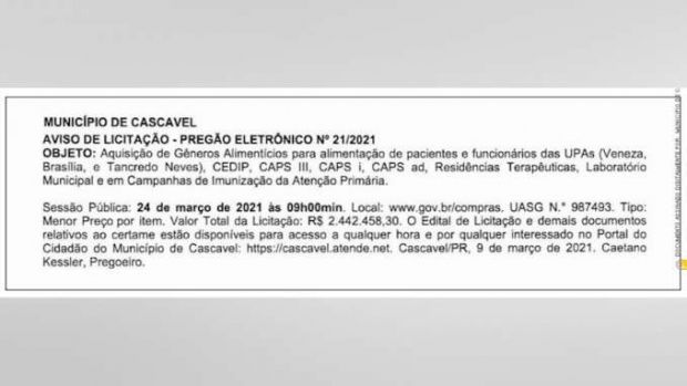 Cascavel abre licitação para aquisição de alimentos para pacientes e  funcionários das UPAs