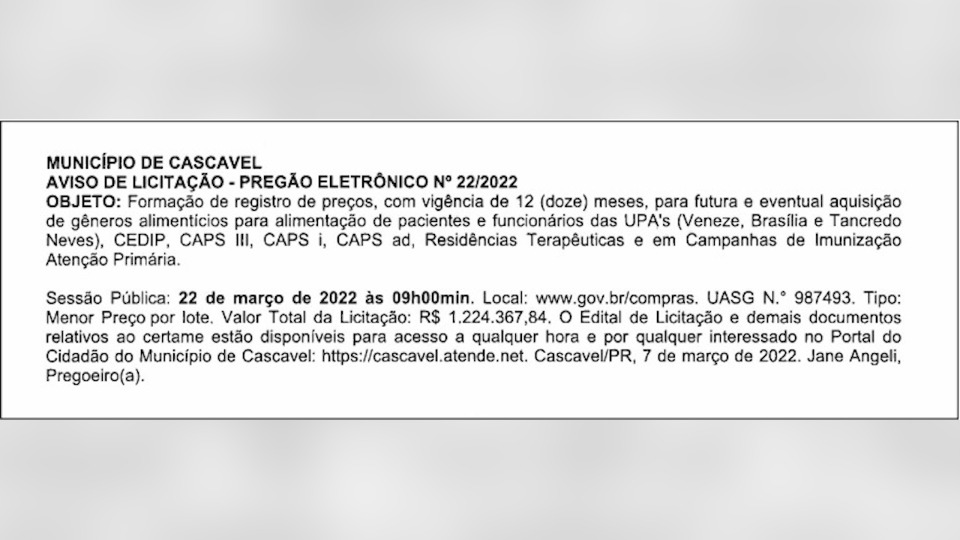 Cascavel abre licitação para aquisição de alimentos para pacientes e  funcionários das UPAs