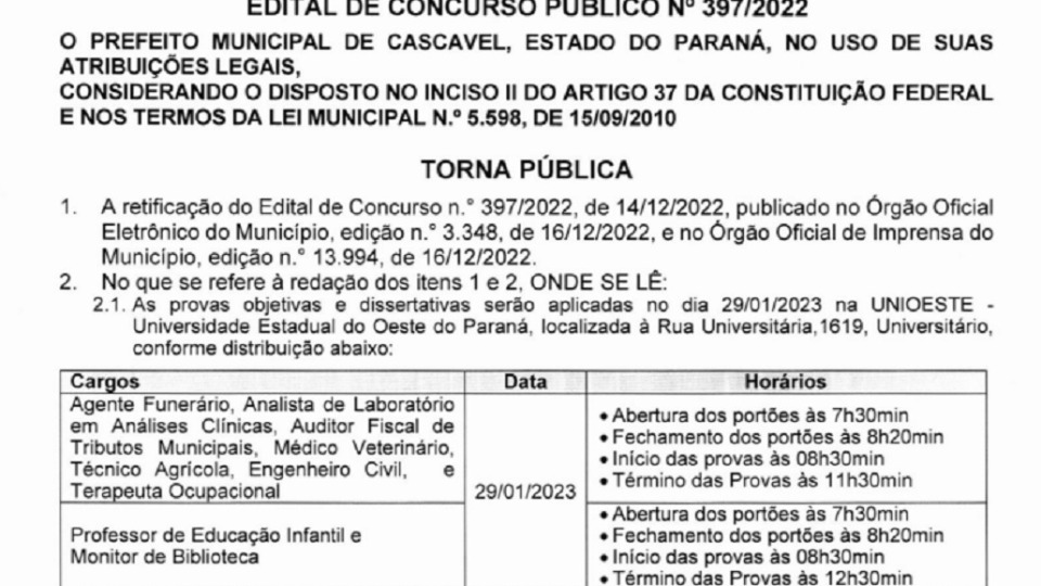 Veja os locais de provas e ensalamento do Concurso Público de Cascavel