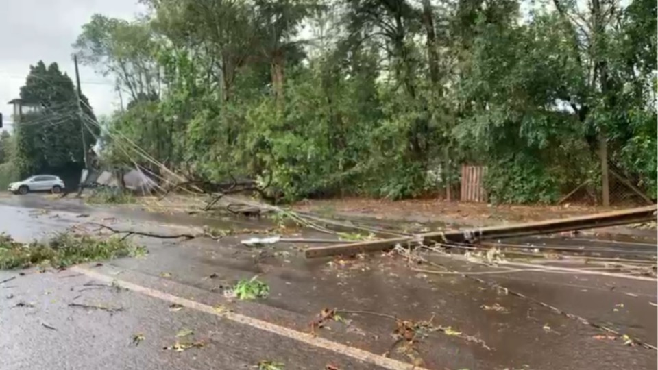 Postes caem durante temporal na BR 277, região do Trevo da Portal