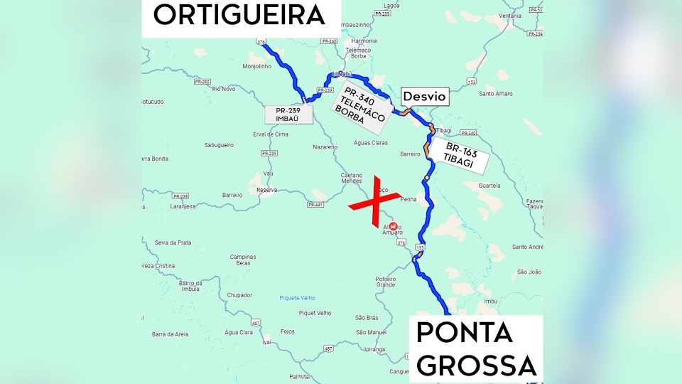 A sugestão da PRF é o desvio pela PR-239, em Imbaú, acessando a PR-340 antes de Telêmaco Borba no sentido Tibagi, depois a BR-153, até acessar novamente a BR-376 no sentido Ponta Grossa 